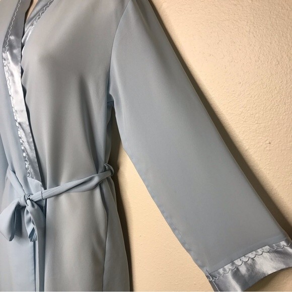 Halston Satin Trim Chiffon Bath Robe Light Blue Attached Tie Women Size Medium - Picture 4 of 16